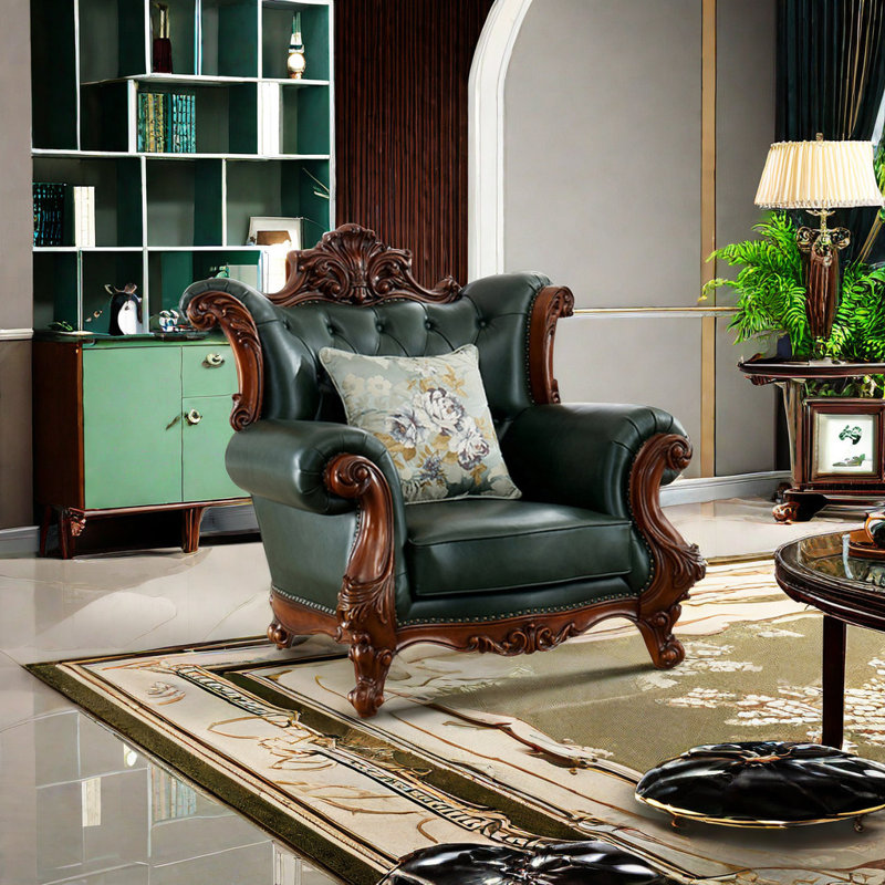 High end European Leather Solid Wood Chair Leather Armchair
